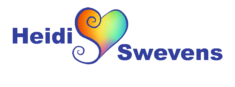 In purple text "Heidi Swevens". In the center is a heart with a dark purple outline with swirls at the point of the heart. The inside of the heart is filled with a rainbow of colors.